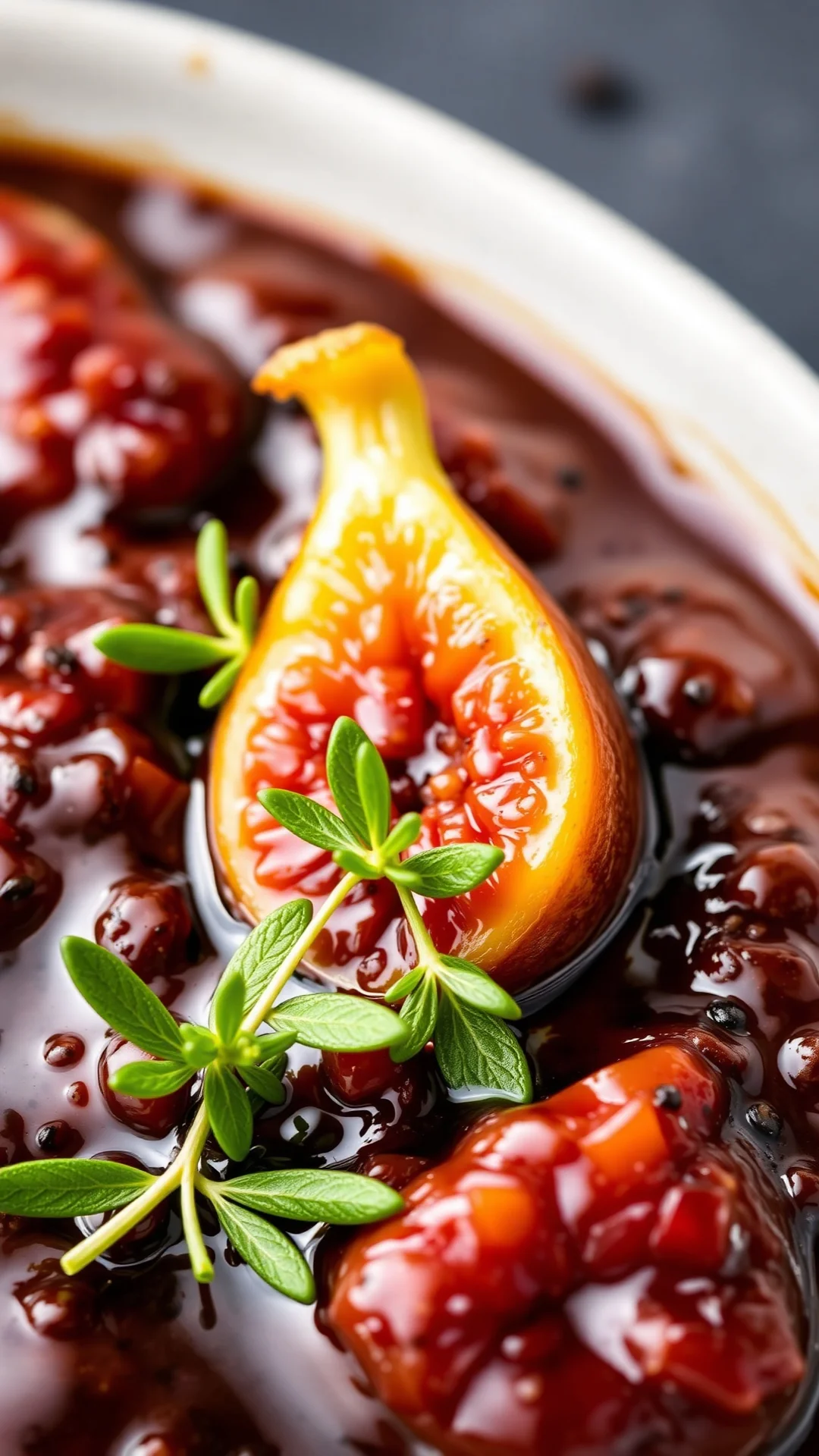 Balsamic vinegar fig jam with fresh thyme herbs, dark glossy finish, sophisticated gourmet presentation, black pepper visible