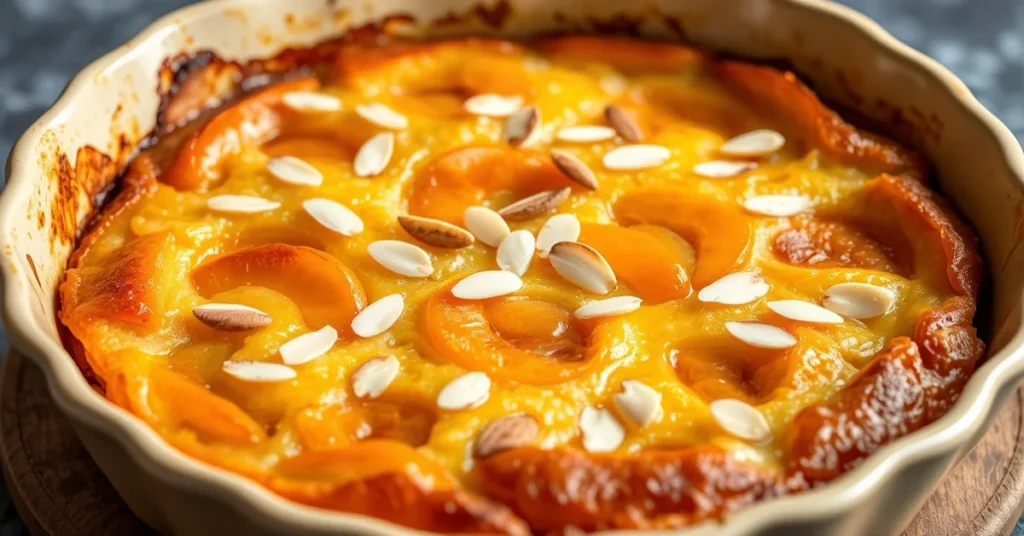 Beautiful apricot almond clafoutis in baking dish, golden brown top with sliced almonds, fresh apricots visible, appetizing F