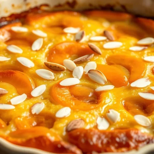 Beautiful apricot almond clafoutis in baking dish, golden brown top with sliced almonds, fresh apricots visible, appetizing F