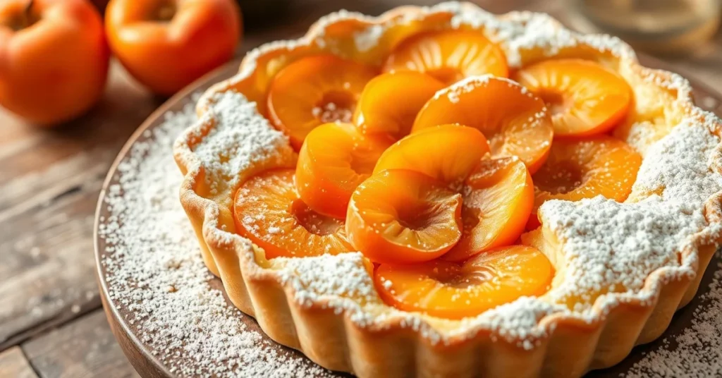 Beautiful apricot clafoutis tart with golden pastry, fresh apricot halves arranged on top, dusted with powdered sugar, profes
