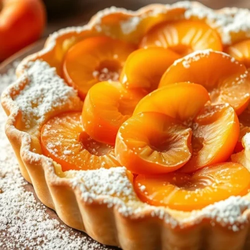 Beautiful apricot clafoutis tart with golden pastry, fresh apricot halves arranged on top, dusted with powdered sugar, profes