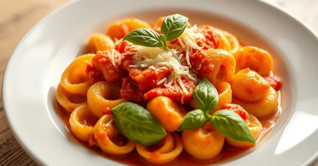 Beautiful creamy tomato gnocchi Lustucru dish, white plate, fresh basil leaves, melted parmesan cheese, golden lighting, prof