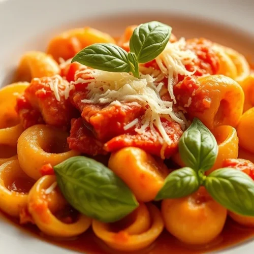 Beautiful creamy tomato gnocchi Lustucru dish, white plate, fresh basil leaves, melted parmesan cheese, golden lighting, prof