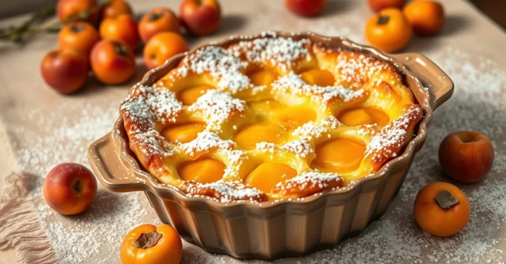 Beautiful golden baked apricot clafoutis in a ceramic dish, dusty with powdered sugar, fresh apricots scattered around, warm