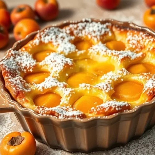 Beautiful golden baked apricot clafoutis in a ceramic dish, dusty with powdered sugar, fresh apricots scattered around, warm