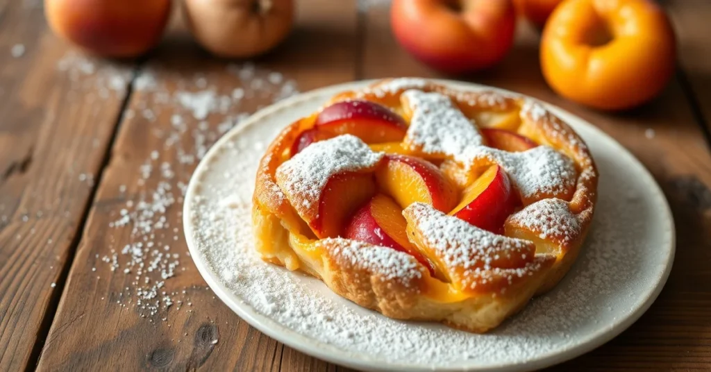 Beautiful golden baked peach apricot clafoutis dessert fresh from oven with caramelized fruit pieces dusted with powdered sug