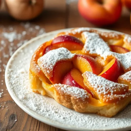 Beautiful golden baked peach apricot clafoutis dessert fresh from oven with caramelized fruit pieces dusted with powdered sug