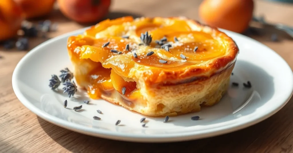 Beautiful golden-brown apricot lavender clafoutis on white plate, fresh apricots visible, lavender flowers sprinkled on top,