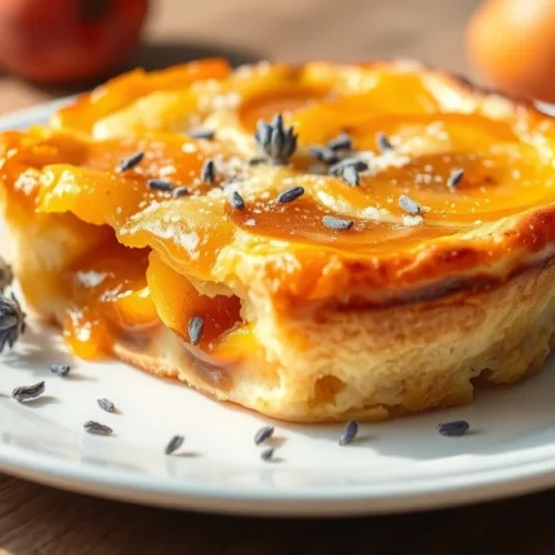 Beautiful golden-brown apricot lavender clafoutis on white plate, fresh apricots visible, lavender flowers sprinkled on top,