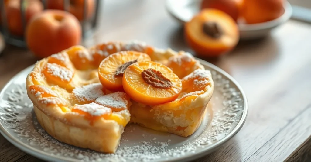 Beautiful golden-brown gluten-free apricot clafoutis with fresh apricot halves on top, dusted with powdered sugar, soft natur
