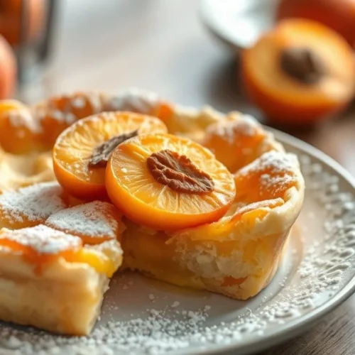 Beautiful golden-brown gluten-free apricot clafoutis with fresh apricot halves on top, dusted with powdered sugar, soft natur