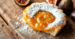 Beautiful golden homemade fig jam tart with powdered sugar topping, rustic wooden table, close-up food photography, professio