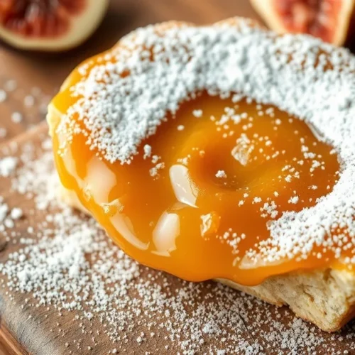 Beautiful golden homemade fig jam tart with powdered sugar topping, rustic wooden table, close-up food photography, professio