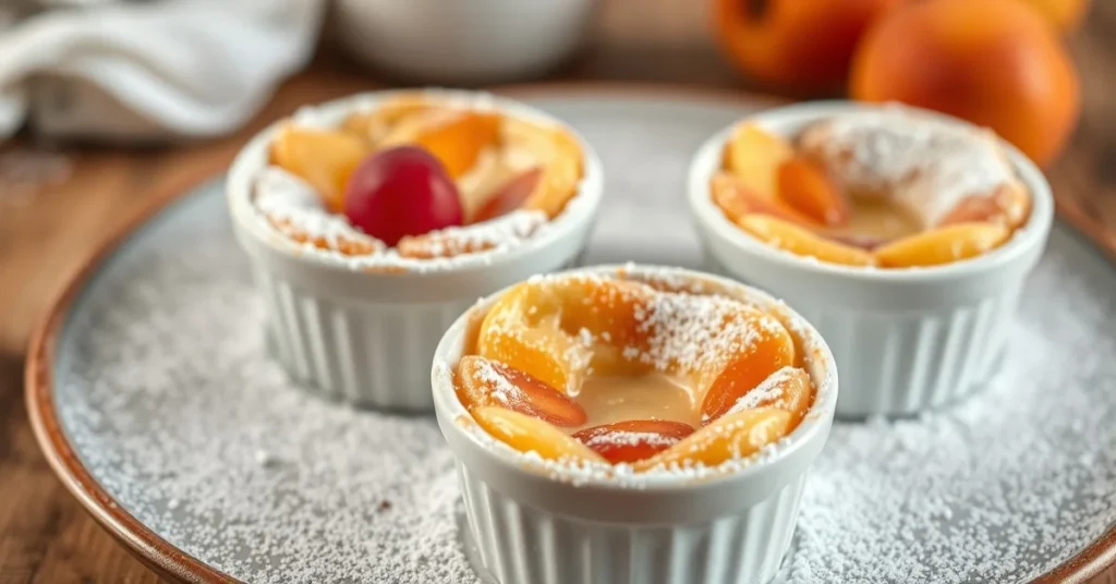 Beautiful golden mini apricot clafoutis in individual ramekins, dusted with powdered sugar, fresh apricots visible, professio