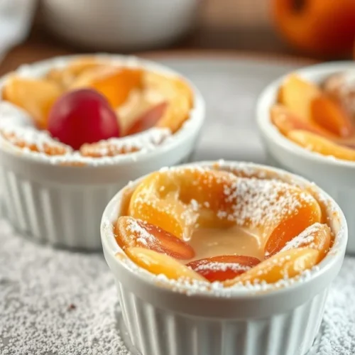 Beautiful golden mini apricot clafoutis in individual ramekins, dusted with powdered sugar, fresh apricots visible, professio