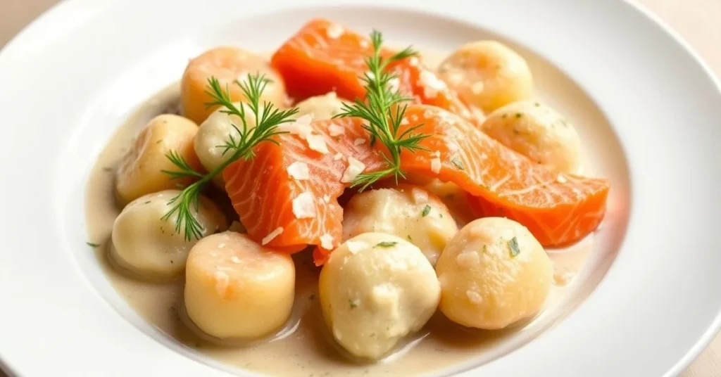 Beautiful homemade gnocchi with smoked salmon in creamy sauce, garnished with fresh dill and parmesan, served on white plate,