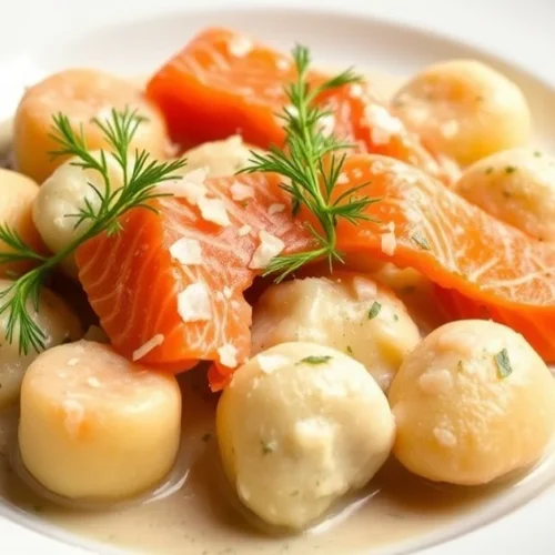 Beautiful homemade gnocchi with smoked salmon in creamy sauce, garnished with fresh dill and parmesan, served on white plate,