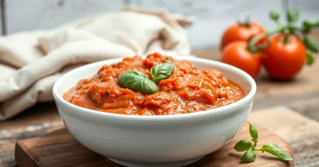 Beautiful homemade tomato sauce in a white ceramic bowl, garnished with fresh basil, creamy texture, rustic Italian kitchen b