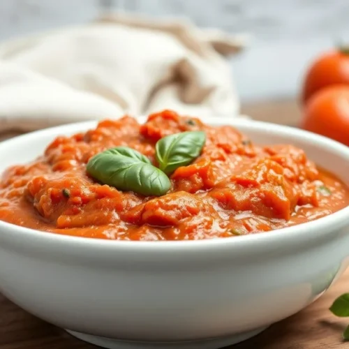 Beautiful homemade tomato sauce in a white ceramic bowl, garnished with fresh basil, creamy texture, rustic Italian kitchen b