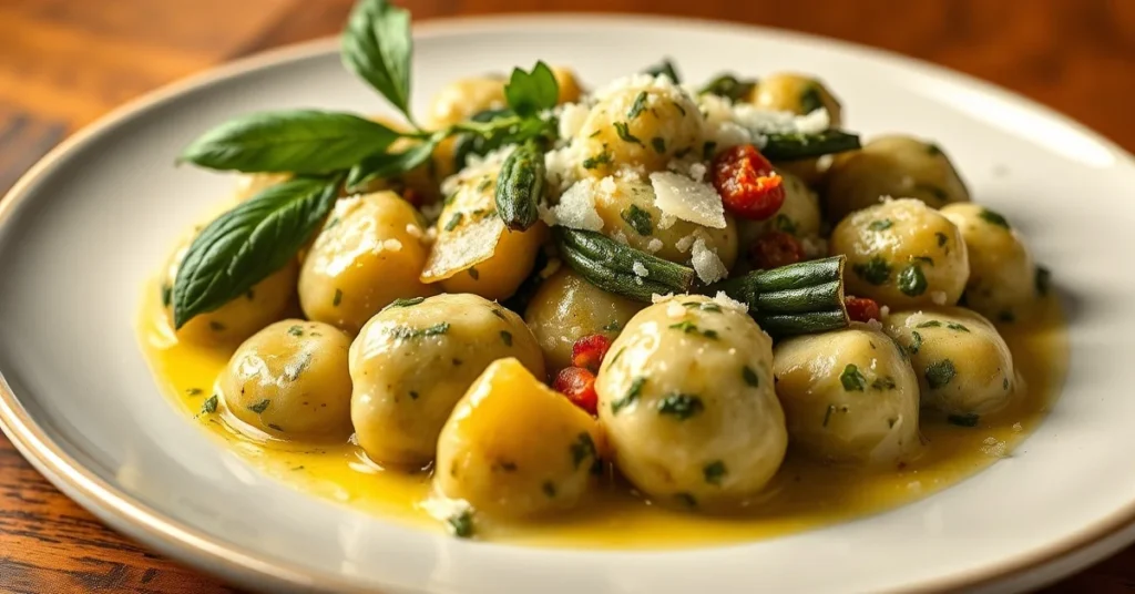 Beautiful plated spinach gnocchi with sage butter, Parmesan cheese, fresh herbs, professional food photography, warm golden l
