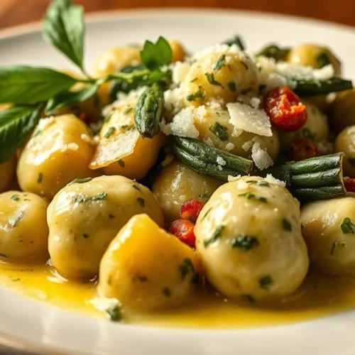 Beautiful plated spinach gnocchi with sage butter, Parmesan cheese, fresh herbs, professional food photography, warm golden l