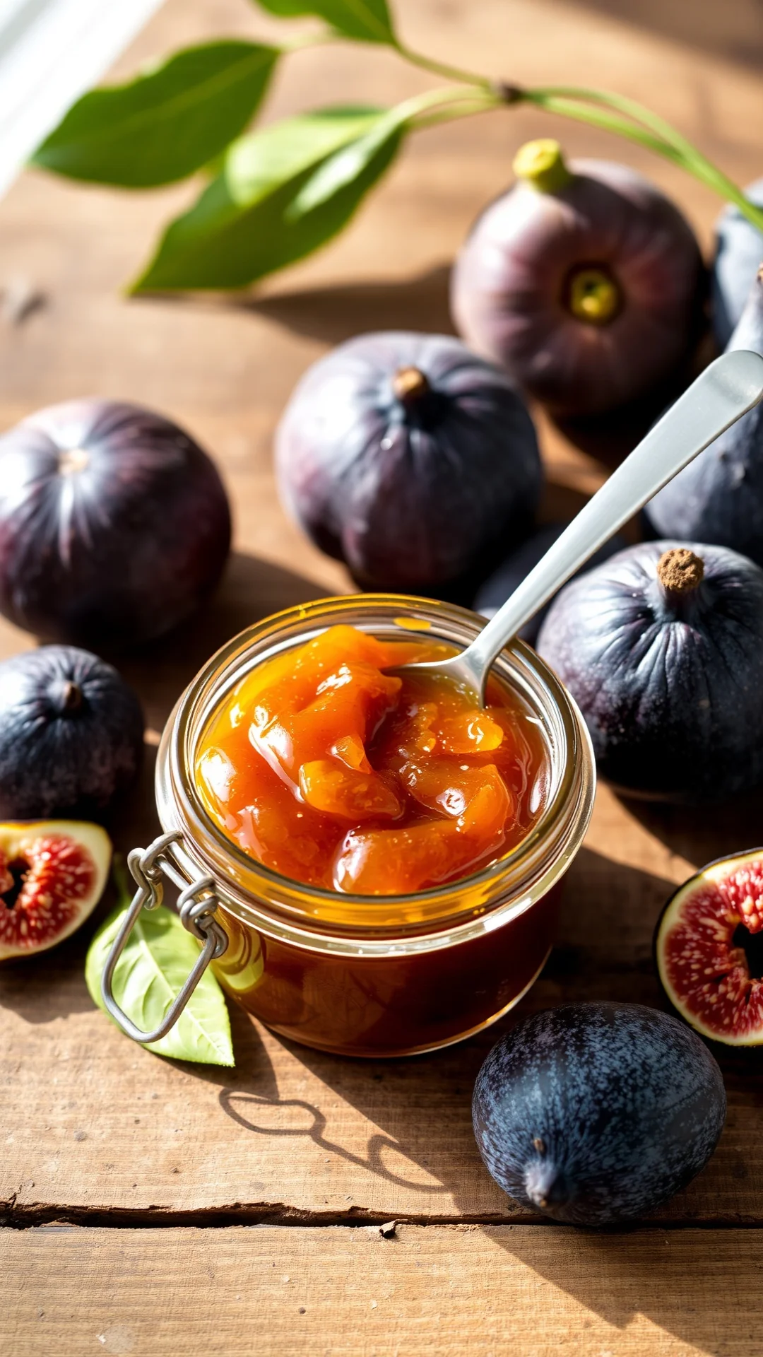 Classic fig jam in glass jar on rustic wooden table, golden-brown glossy spread, fresh figs nearby, morning sunlight, close-u
