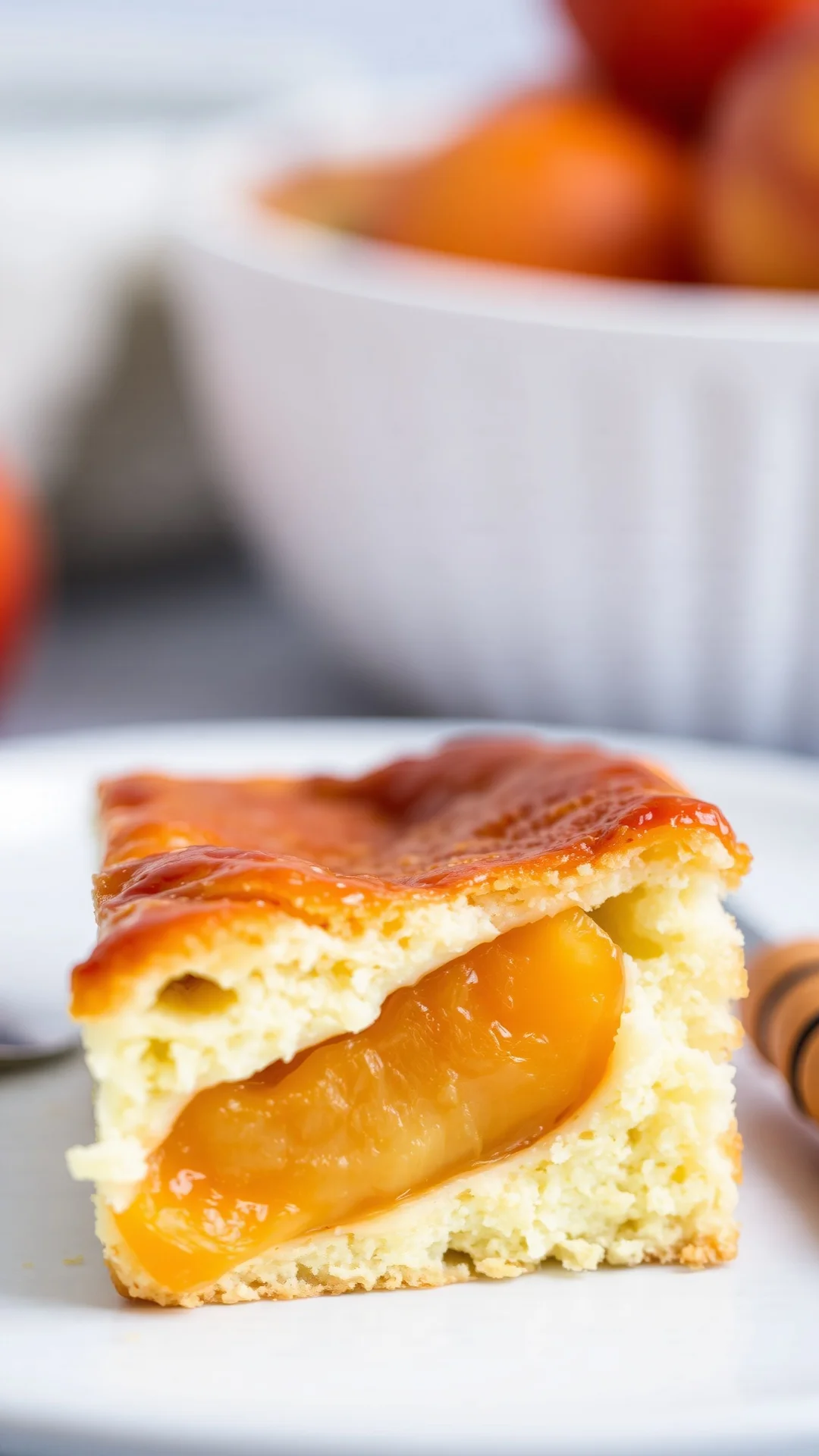 Close-up creamy vegan apricot clafoutis slice, fluffy texture soft interior, caramelized golden edges, fresh apricots, gourme