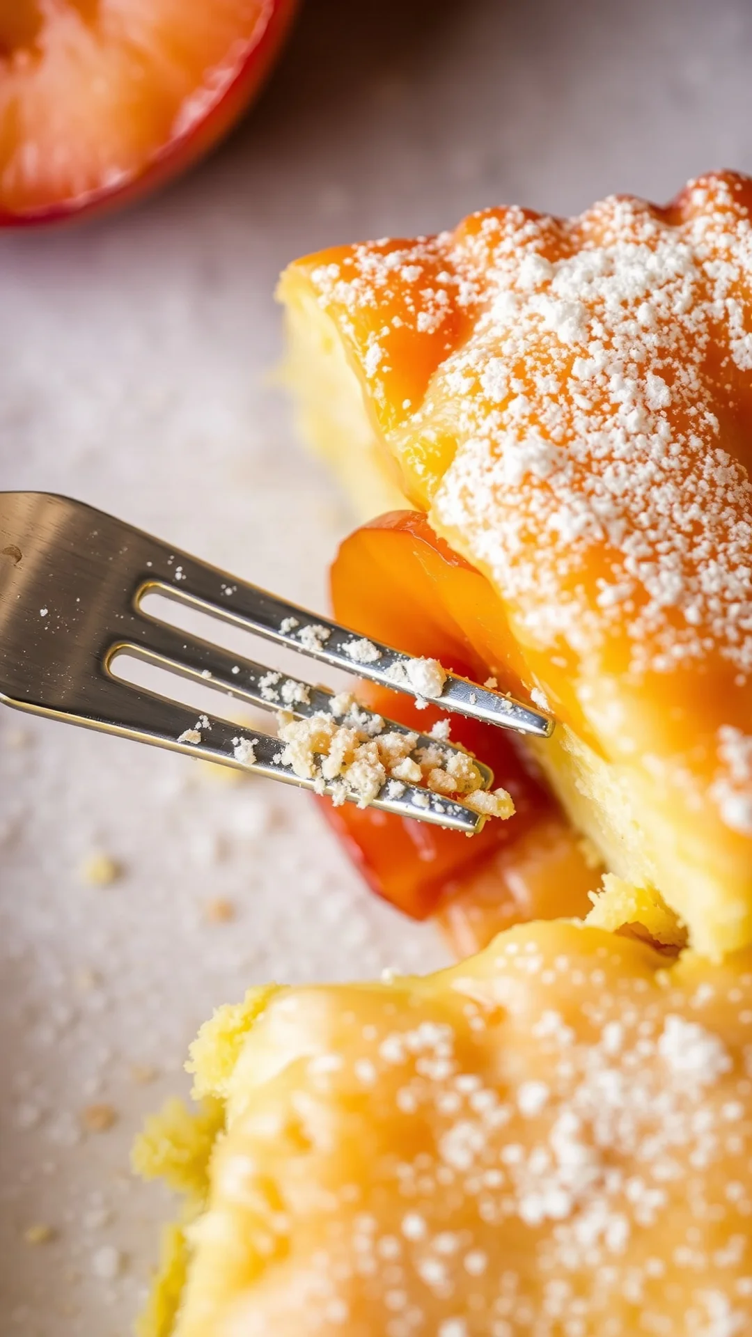 Close-up detail of apricot clafoutis tart slice, golden fluffy custard texture, fresh apricot half visible, powdered sugar du