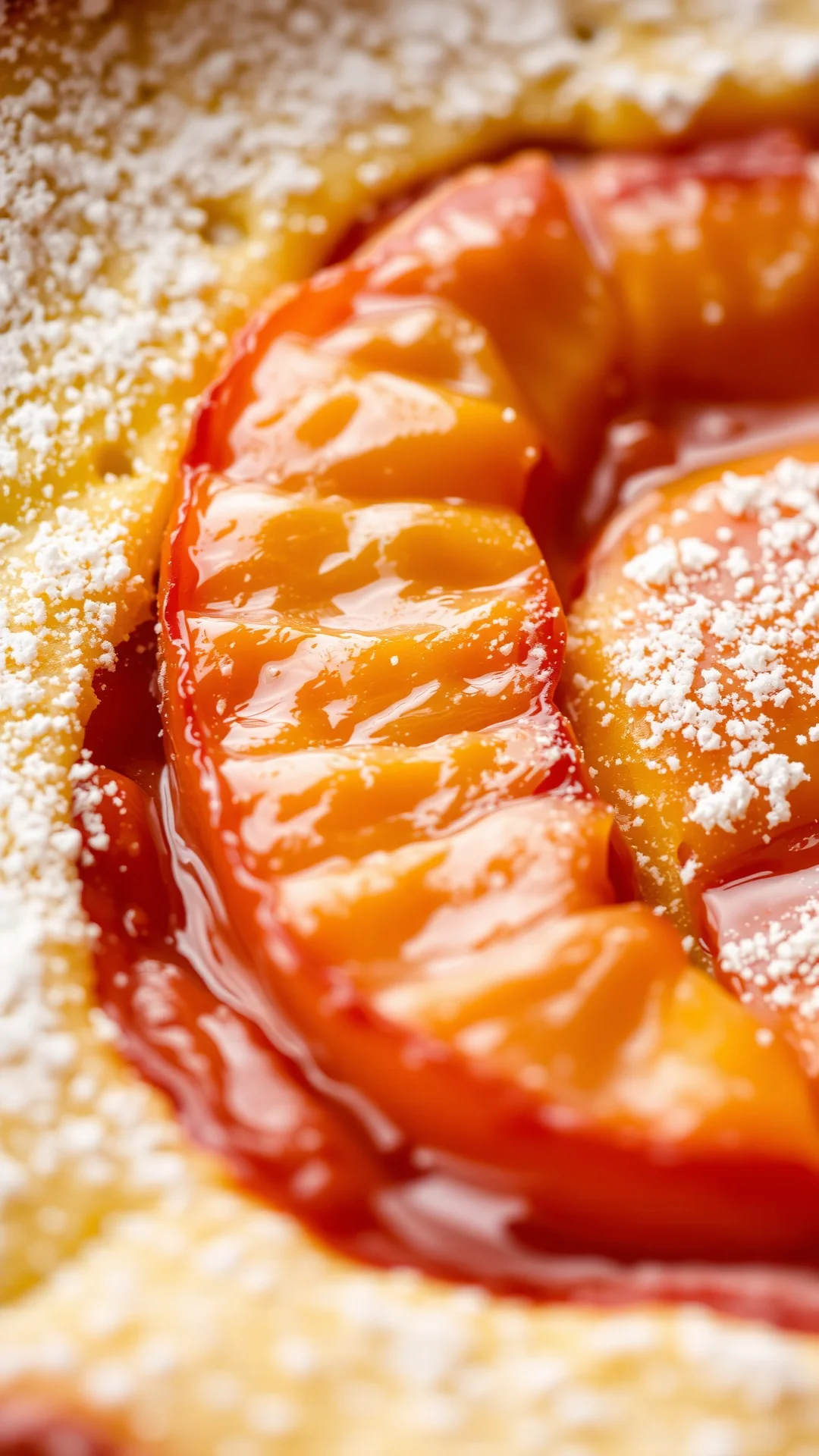 Close-up detail of creamy clafoutis texture with glazed apricots, golden brown crust dusted with powdered sugar, macro food p