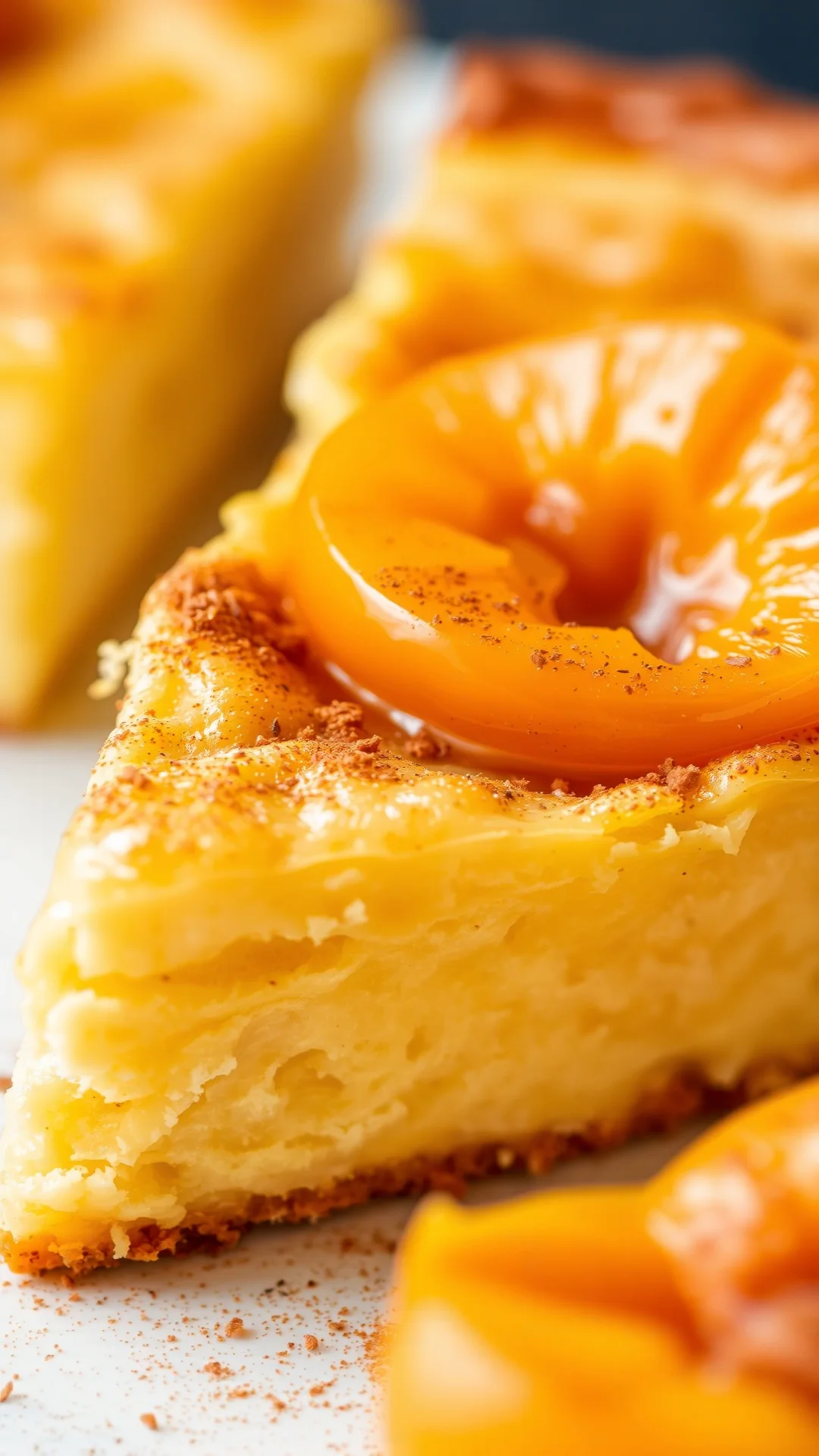Close-up detail of creamy fluffy apricot clafoutis slice with caramelized edges, garnished with fresh apricot halves and cinn