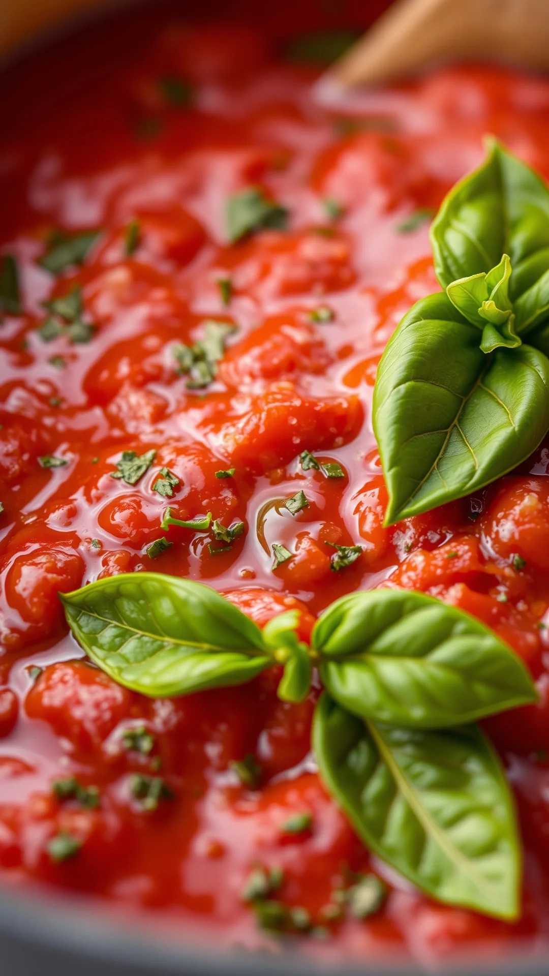 Close-up extreme detail of simmering tomato sauce with herbs, fresh basil on top, drops of olive oil, rich red texture, shall