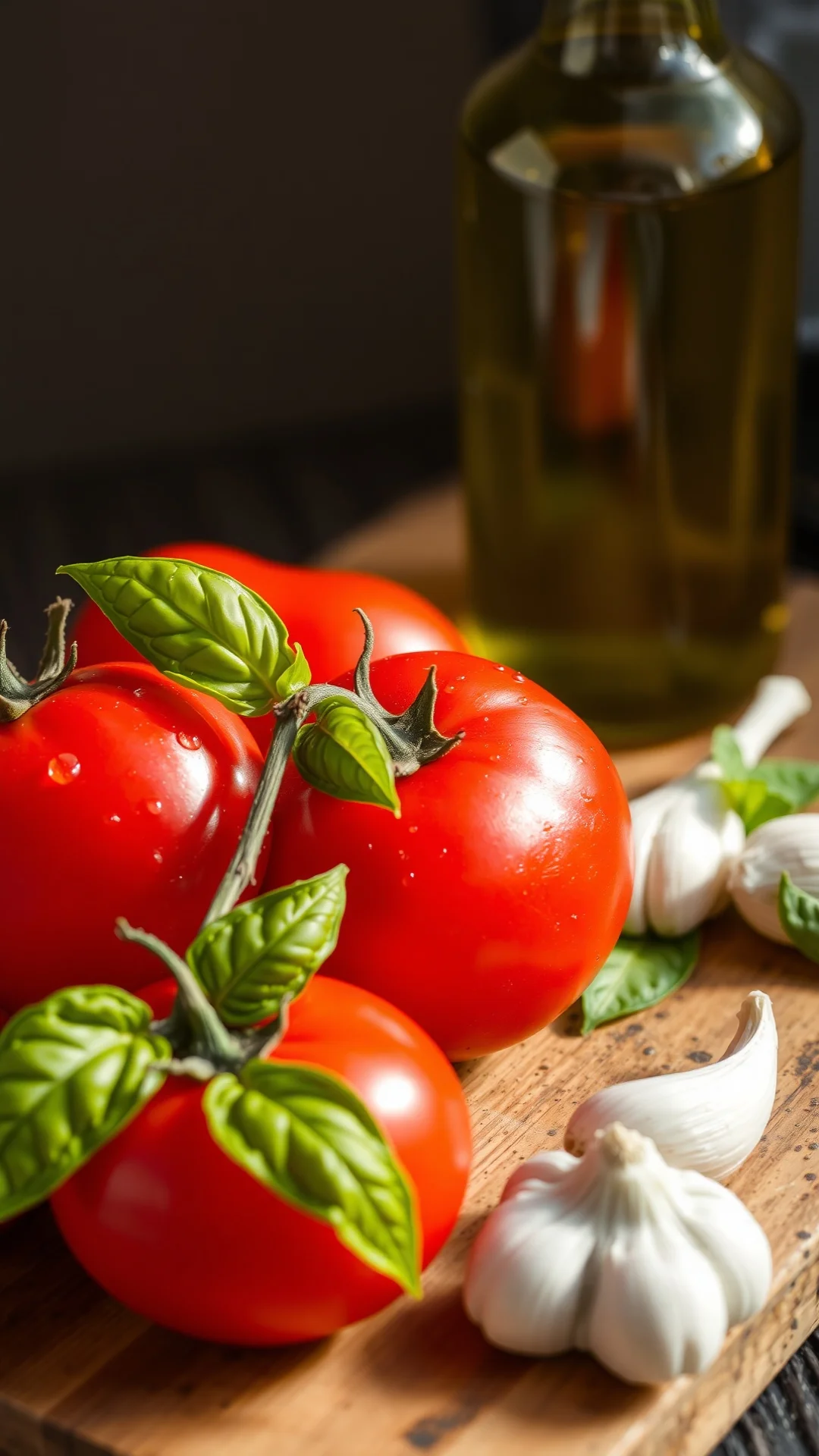 Close-up fresh ripe red tomatoes with water droplets, basil leaf, garlic cloves, olive oil bottle, rustic wooden cutting boar