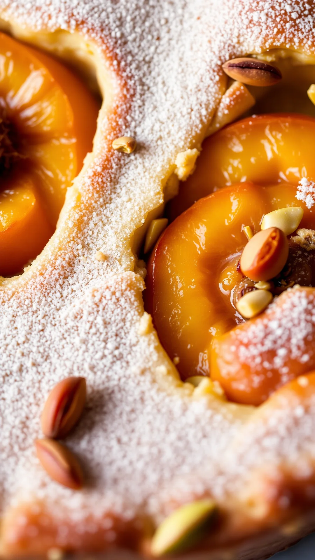 Close-up freshly baked apricot pistachio clafoutis cross section showing tender apricots vibrant pistachios creamy custard ce