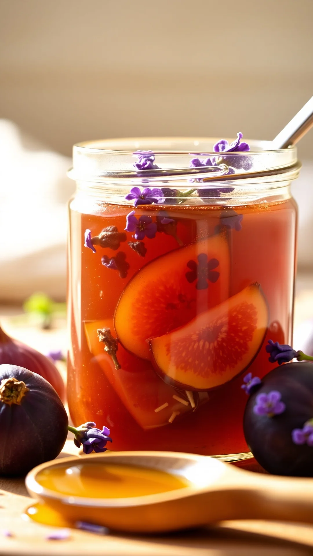 Close-up freshly made fig lavender honey jam in glass jar, purple lavender flowers floating, warm golden sunlight, rustic woo