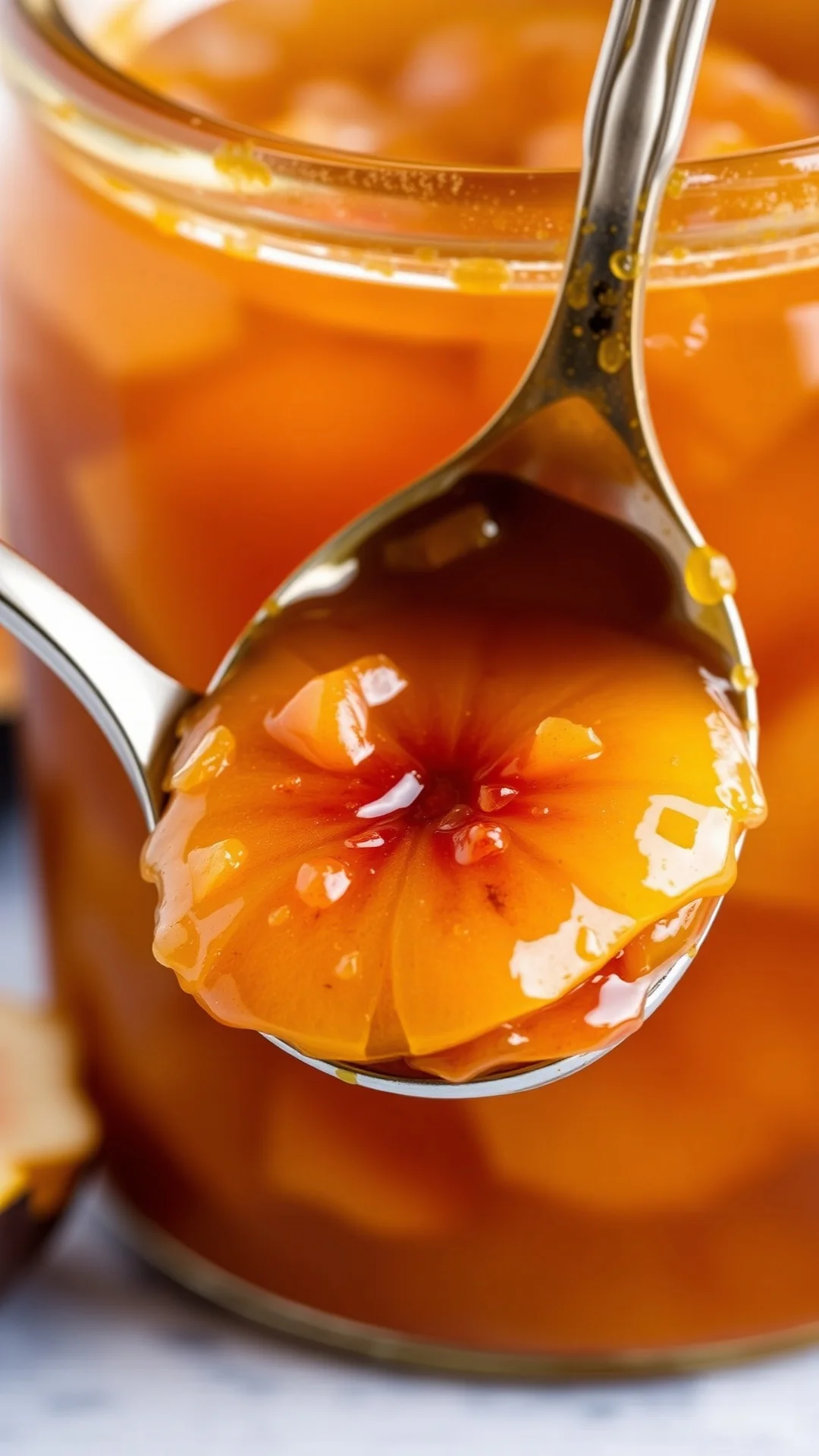 Close-up ginger fig apple jam with fresh ginger slices visible, amber golden color, aromatic preserve, spoon showing texture,