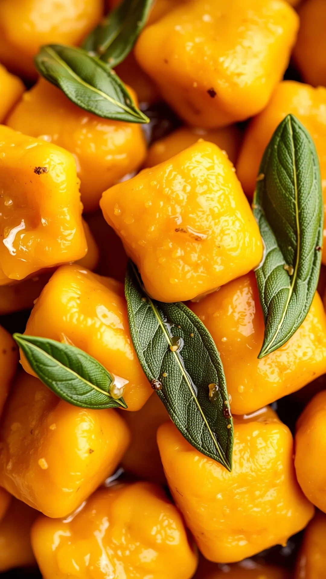 Close-up macro photography of fresh butternut squash gnocchi coated with melted brown butter and sage leaves, golden amber to