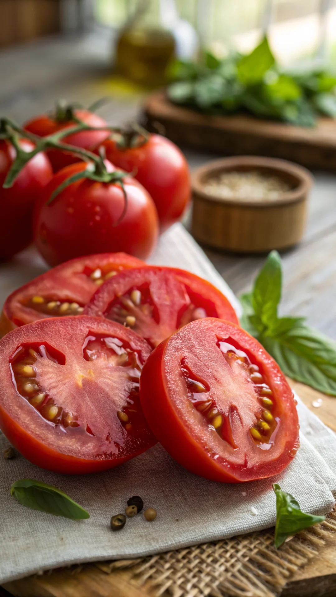 Close-up macro photography of fresh ripe tomatoes cut in half showing seeds, vibrant red color, natural daylight, rustic kitc