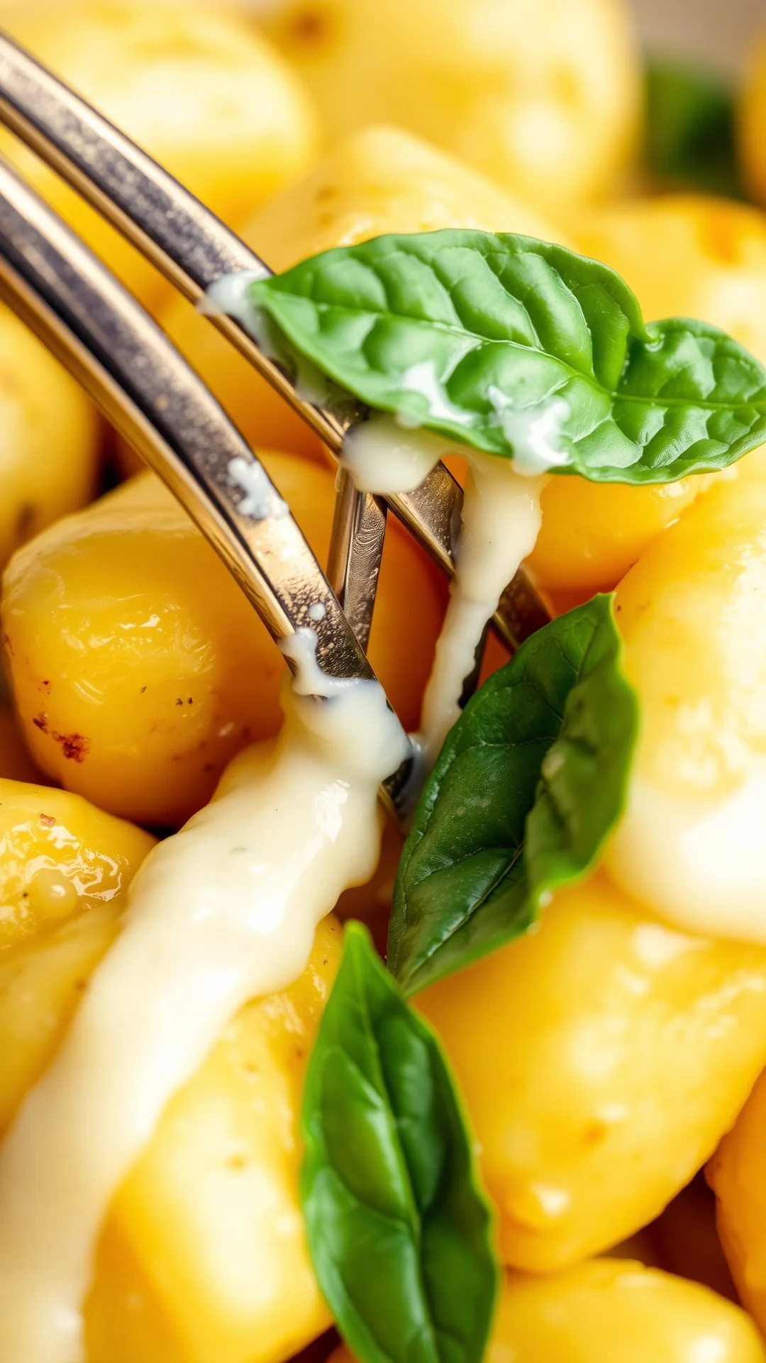 Close-up macro photography of golden cooked potato gnocchi with fork marks, creamy sauce dripping, fresh basil garnish, profe