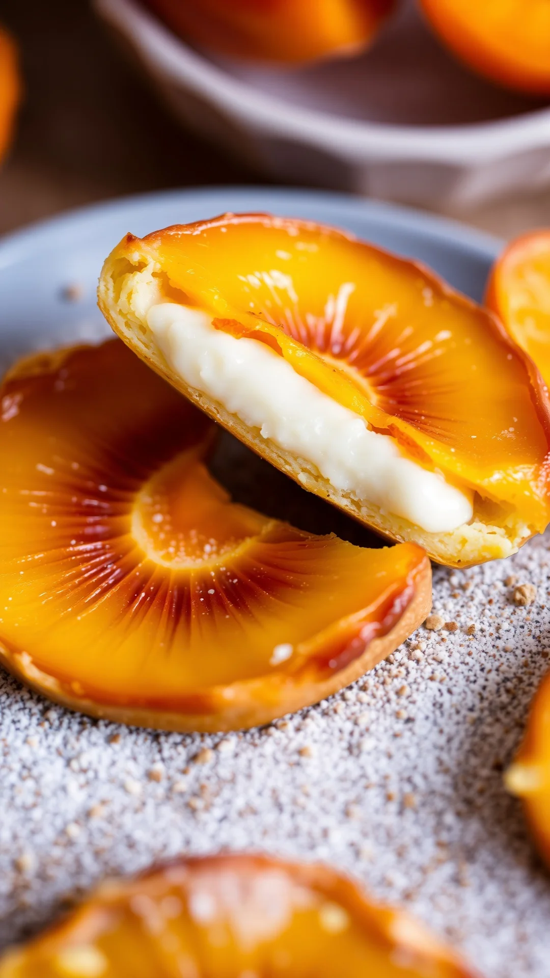 Close-up macro photography of sliced apricot clafoutis with coconut cream filling, golden texture detail, creamy custard inte