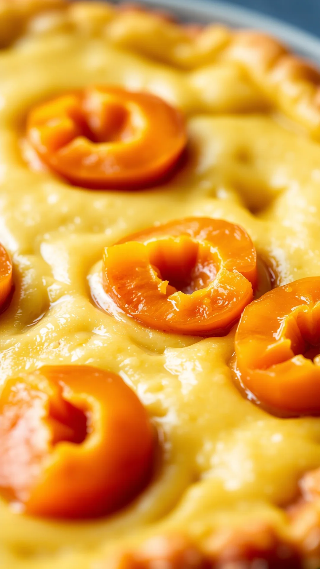 Close-up macro shot apricot halves on creamy clafoutis batter, golden texture, shallow depth field, warm vanilla aroma visibl
