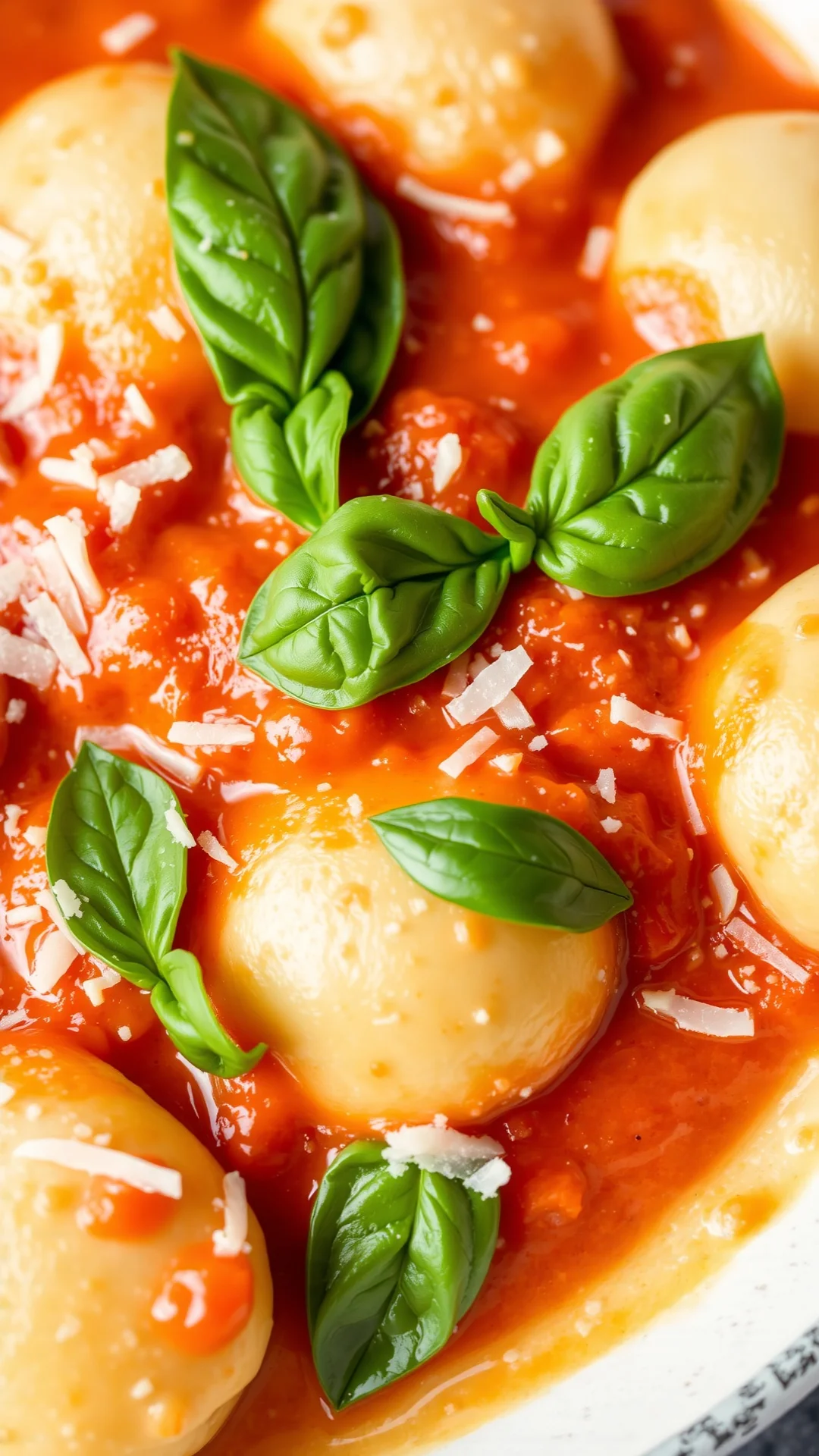 Close-up macro shot creamy tomato sauce coating fluffy gnocchi, fresh basil garnish, parmesan shavings, rich creamy texture,