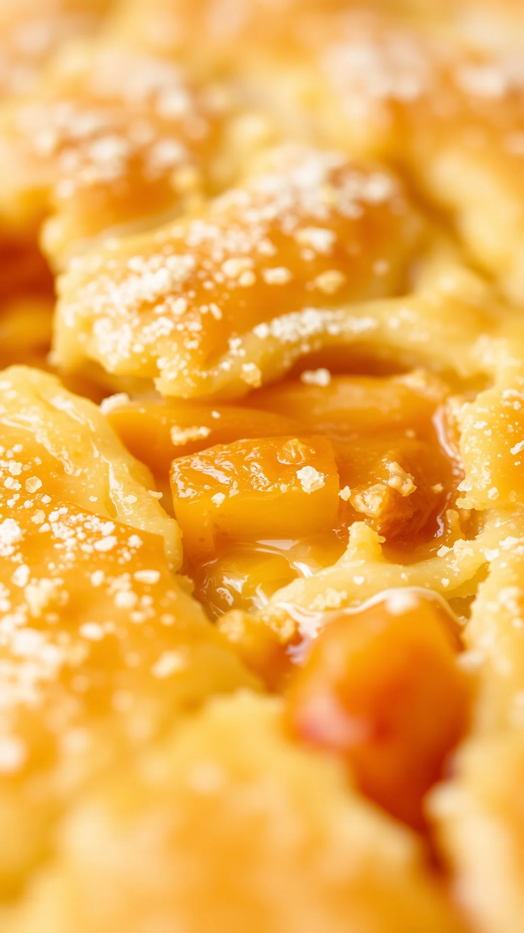 Close-up macro shot golden fluffy clafoutis texture with apricot pieces and nougat chunks, soft apricot light, creamy interio