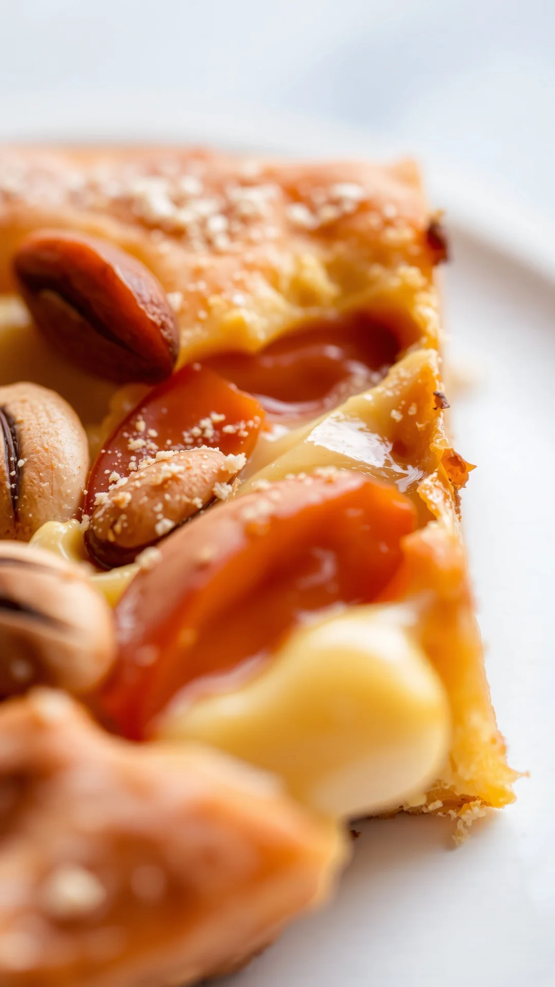 Close-up macro shot of clafoutis slice with creamy custard filling, roasted almonds, apricot pieces, shallow depth of field,