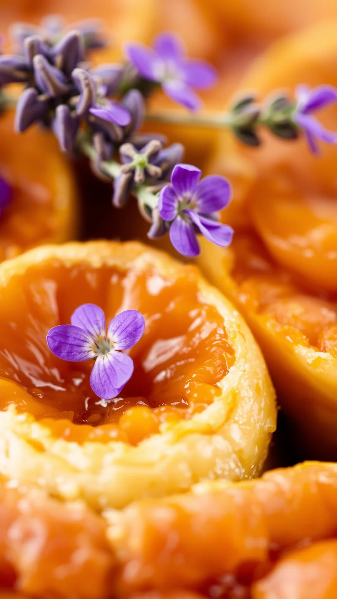 Close-up macro shot of creamy fluffy clafoutis cross-section with caramelized apricots, purple lavender flowers garnish, rich