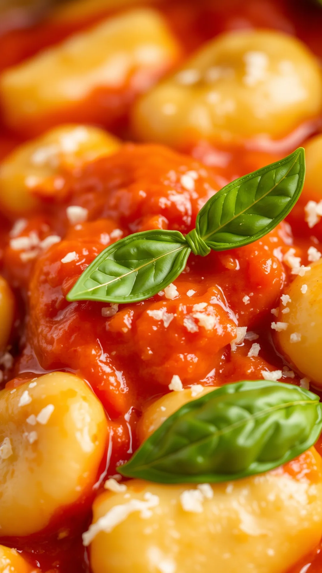 Close-up macro shot of creamy gnocchi coated in tomato sauce, melted parmesan, fresh green basil leaf on top, warm lighting,