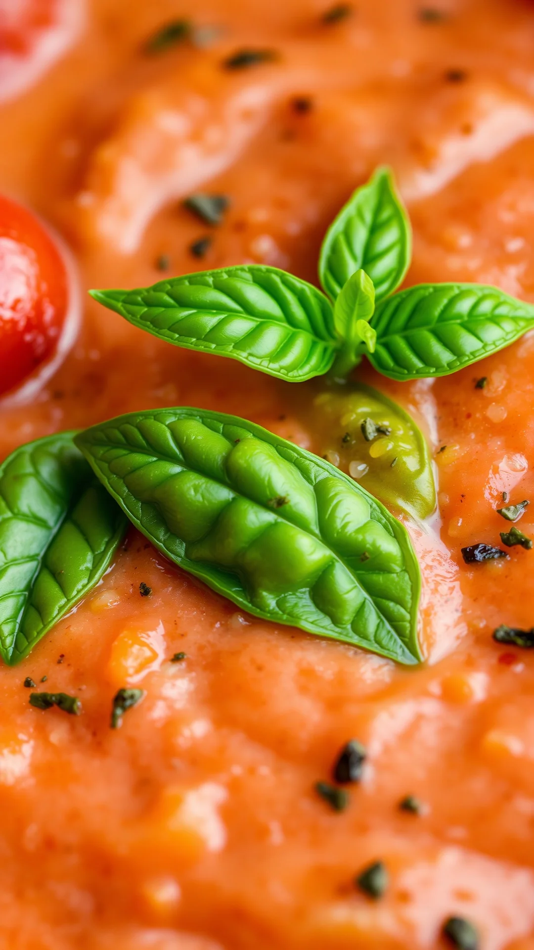 Close-up macro shot of creamy homemade tomato sauce with fresh basil leaf, cherry tomatoes, herbs, rich texture, natural dayl