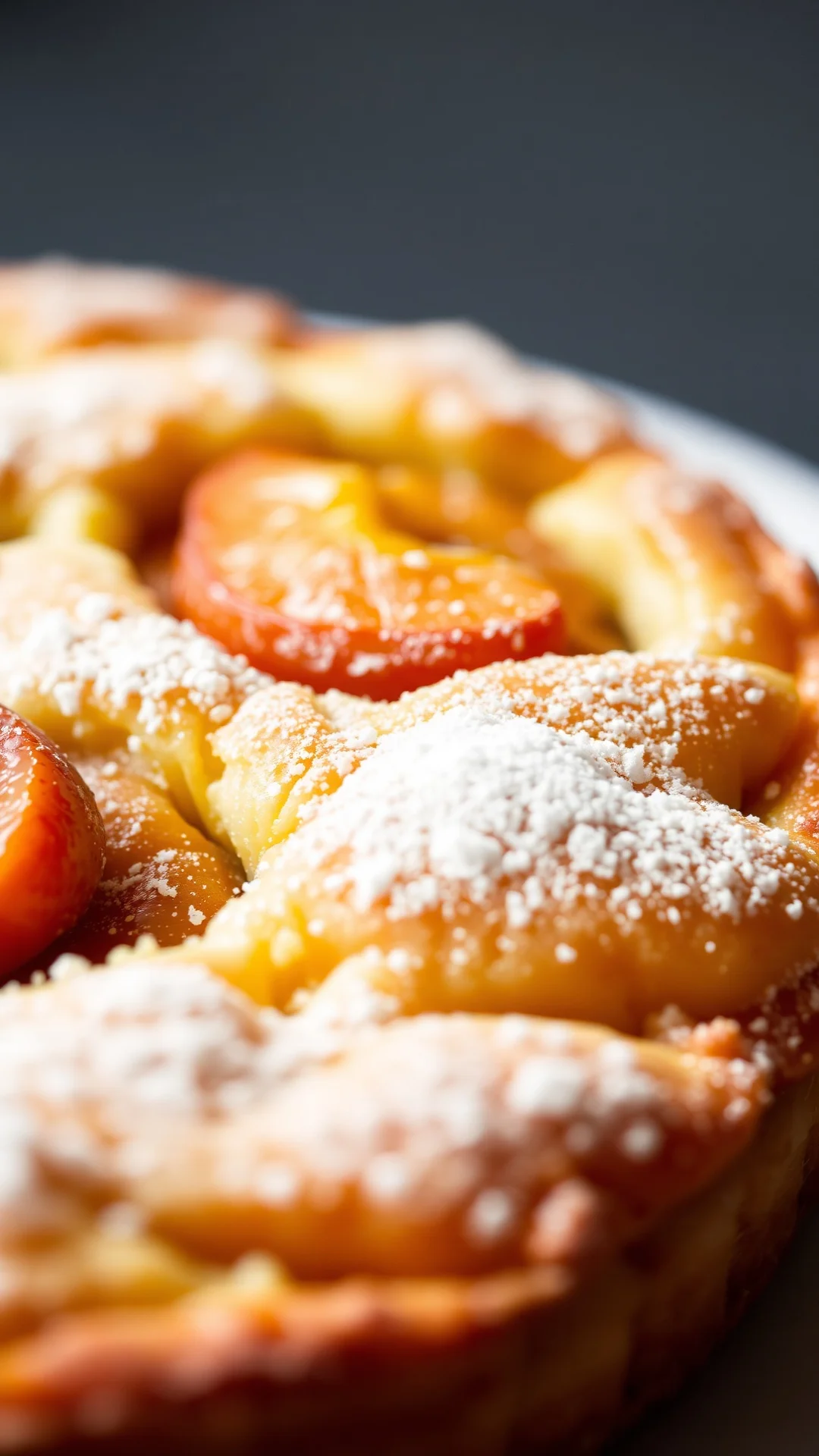 Close-up macro shot of fluffy clafoutis texture with dried apricots, golden crust, dusted powdered sugar, shallow depth of fi
