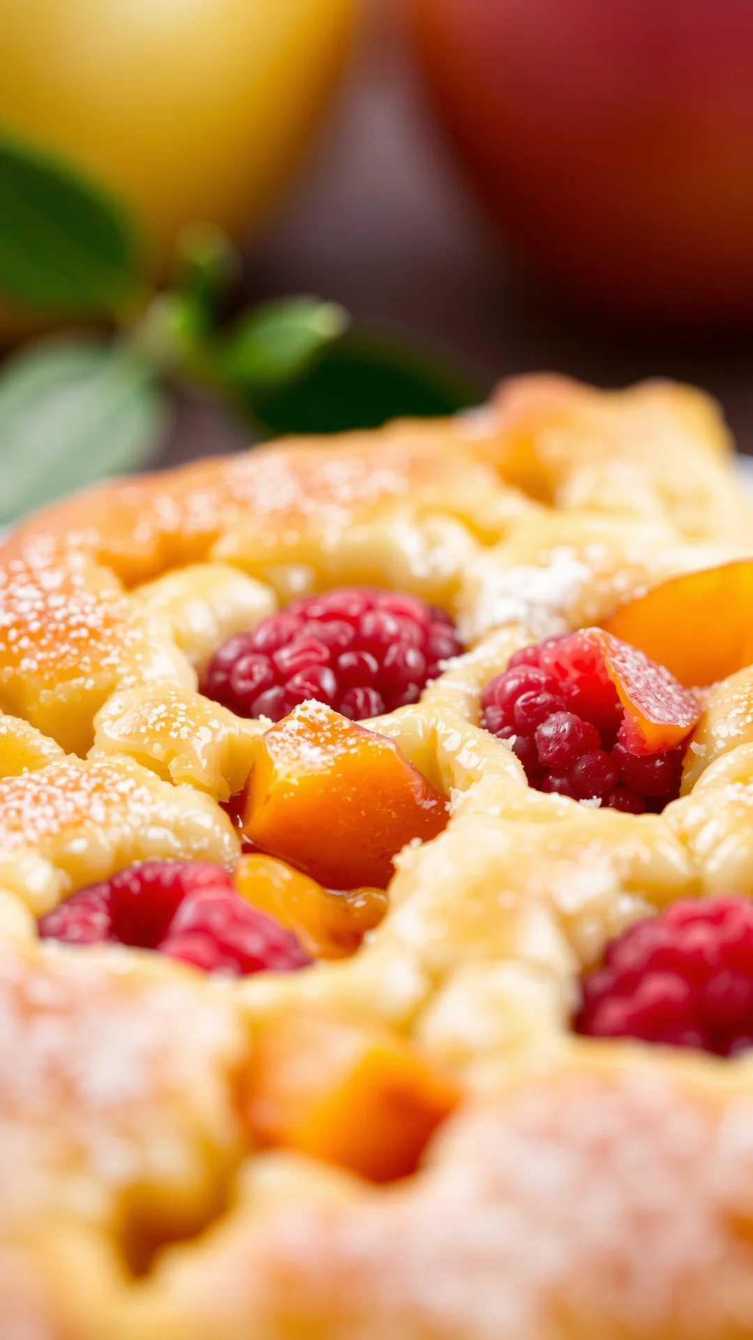 Close-up macro shot of fluffy golden clafoutis slice with fresh raspberries and apricot pieces, creamy texture detail, food p