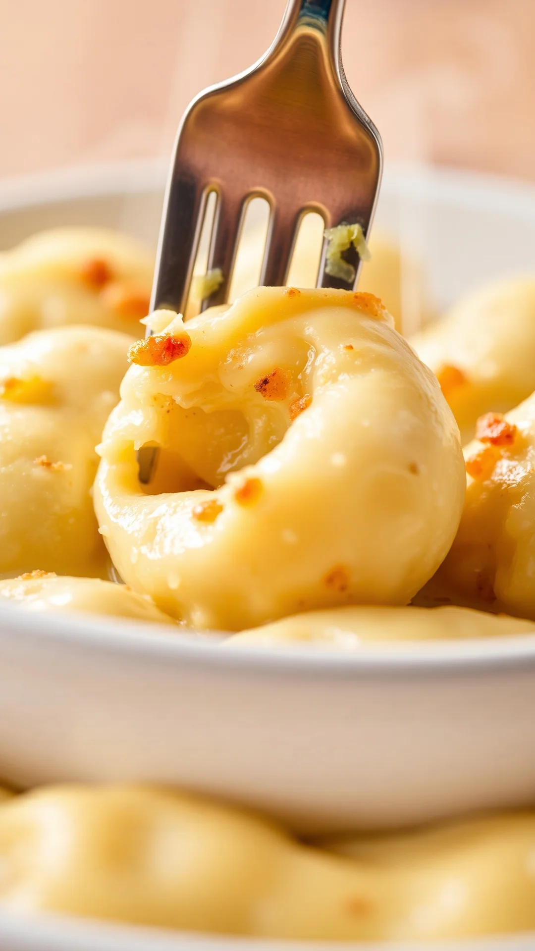 Close-up macro shot of fork piercing creamy gnocchi with golden cheese crust, steam rising, detailed texture, professional cu