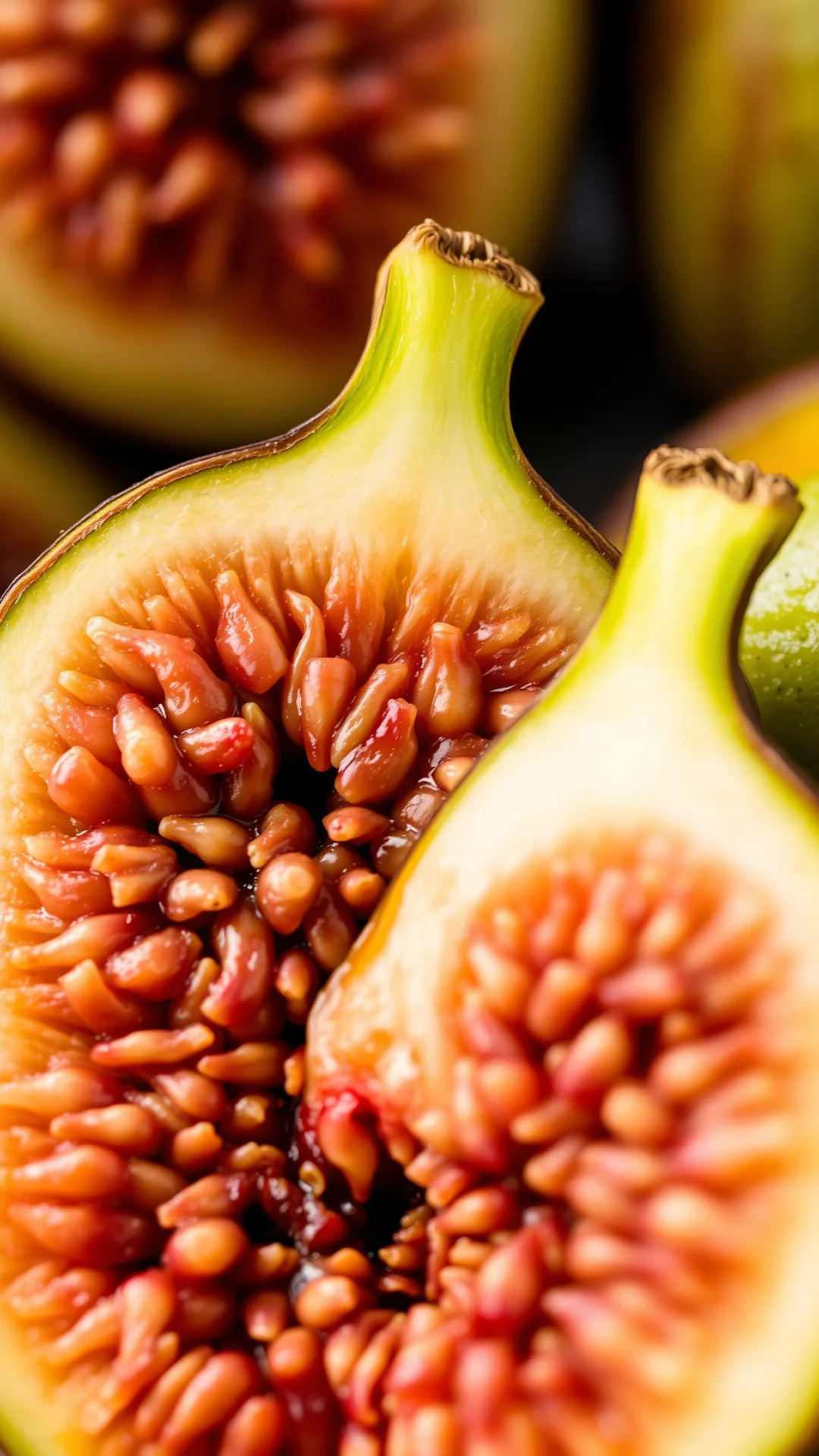 Close-up macro shot of fresh figs cut in half showing seeds and texture, vibrant green and purple colors, natural light